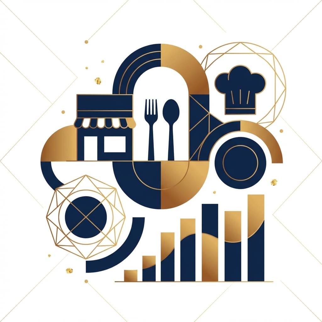 Ilustración de un restaurante, un gorro de chef y utensilios de mesa