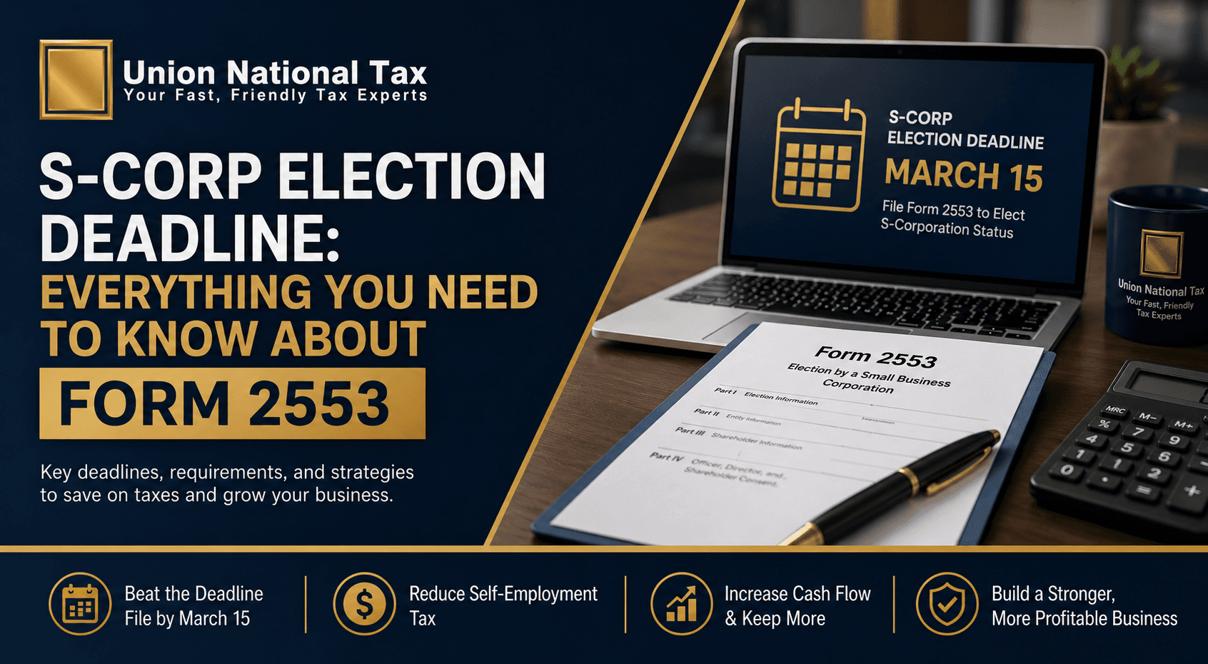 Union National Tax blog hero image for “1099 Contractors: 10 Deductions You’re Probably Missing,” showing a professional tax planning workspace with a laptop deduction dashboard, 1099-NEC form, calculator, notebook checklist, hard hat, and green-and-gold Union National Tax branding.