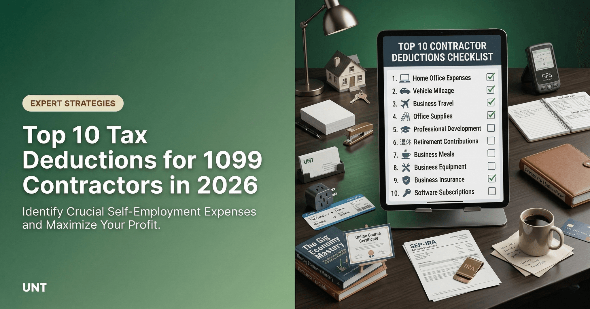 1099 contractor reviewing tax deductions checklist at a desk in 2026