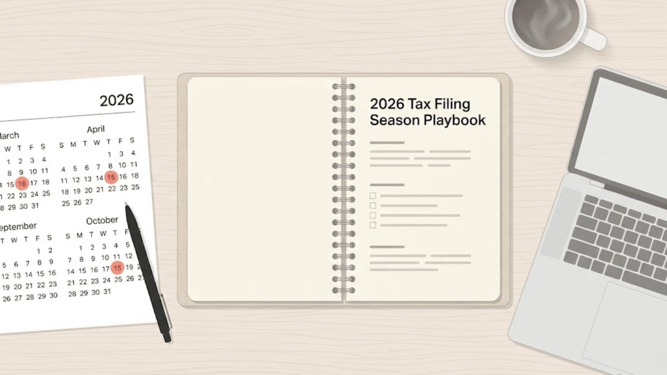 An overhead illustration of a tidy desk with an open notebook titled "2026 Tax Filing Season Playbook." Next to it, a 2026 calendar has March 16, April 15, and October 15 circled in red. A pen, a laptop, and a cup of coffee are also on the light wooden surface.