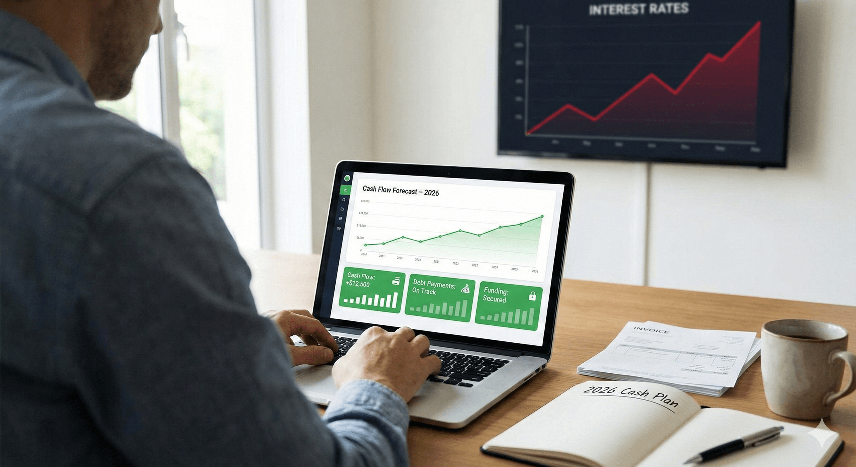 Over-the-shoulder view of a small business owner at a desk, viewing a '2026 Cash Flow Forecast' dashboard on a laptop with positive green trends for cash flow, debt payments, and funding. In the background, a wall-mounted monitor displays a red graph showing a sharp rise in interest rates, alongside a '2026 Cash Plan' notebook on the desk.