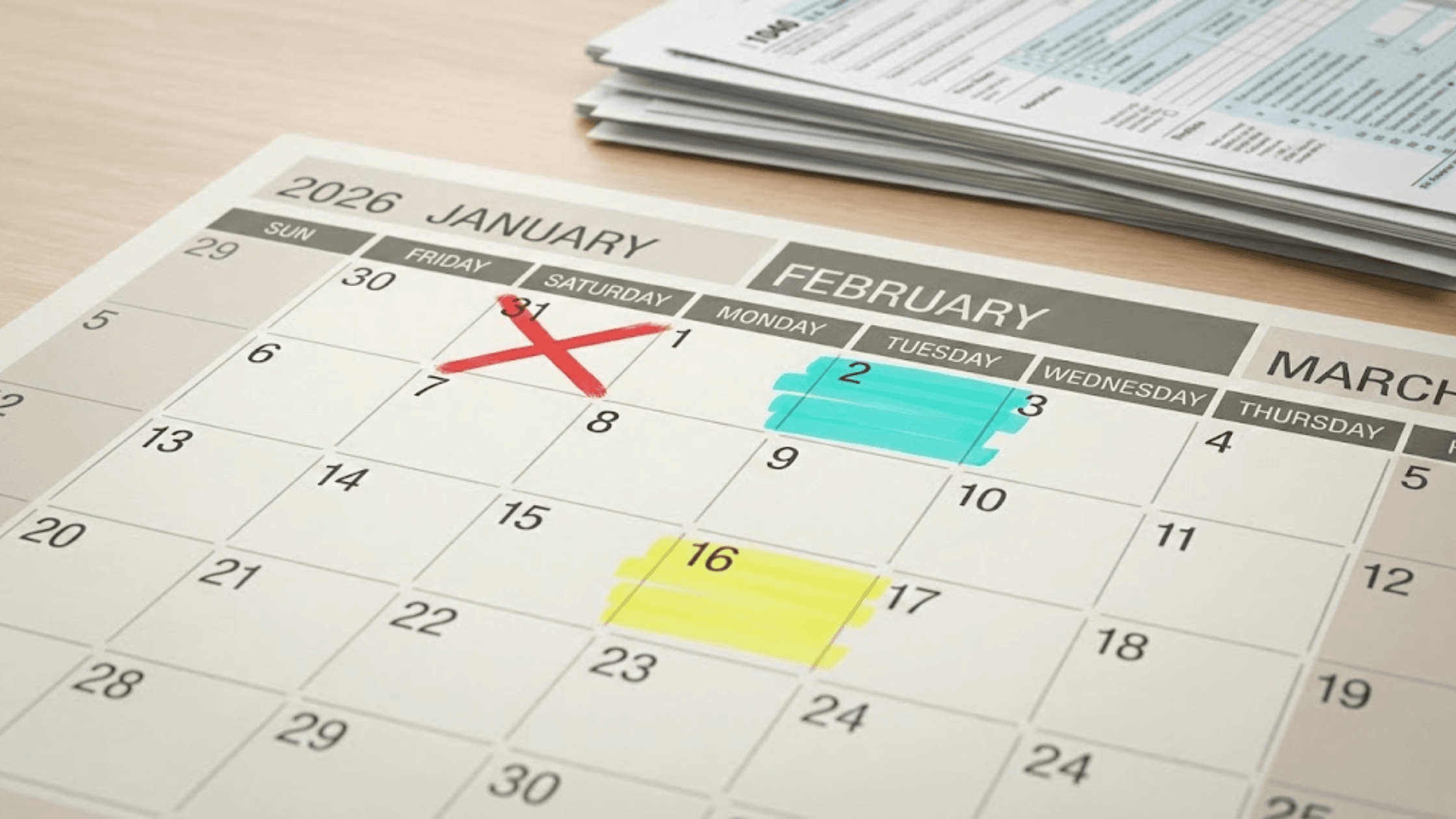 Close-up of a 2026 desk calendar highlighting key tax deadlines. January 31 is crossed out with a red X, while February 2 and March 16 are emphasized with bright highlights. A stack of blurred IRS-style tax forms sits in the background.