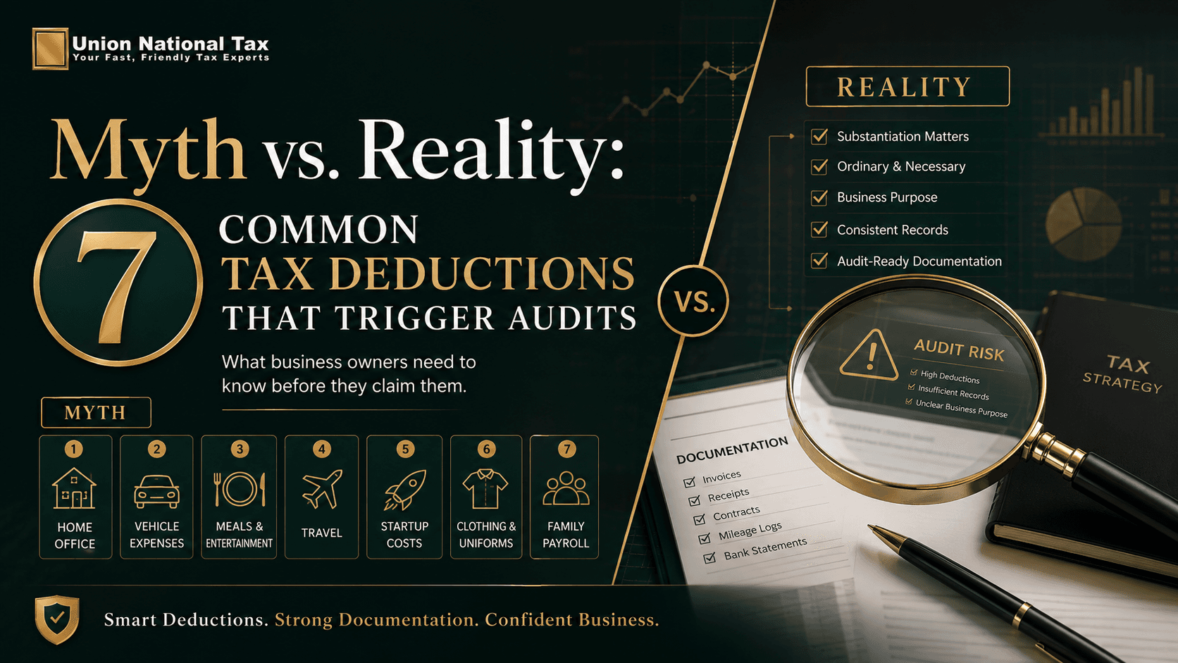 Union National Tax blog hero image for “Myth vs. Reality: 7 Common Tax Deductions That Trigger Audits,” showing a dark green and gold split design with seven deduction icons, audit documentation checklist, magnifying glass, tax strategy notebook, and compliance-focused visuals.