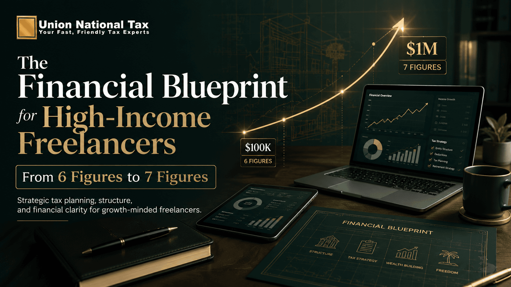 Union National Tax blog hero image featuring a premium dark green and gold financial blueprint scene for high-income freelancers, with growth markers from $100K to $1M, financial dashboards, a laptop, tablet, and headline text reading “The Financial Blueprint for High-Income Freelancers: From 6 Figures to 7 Figures.”
