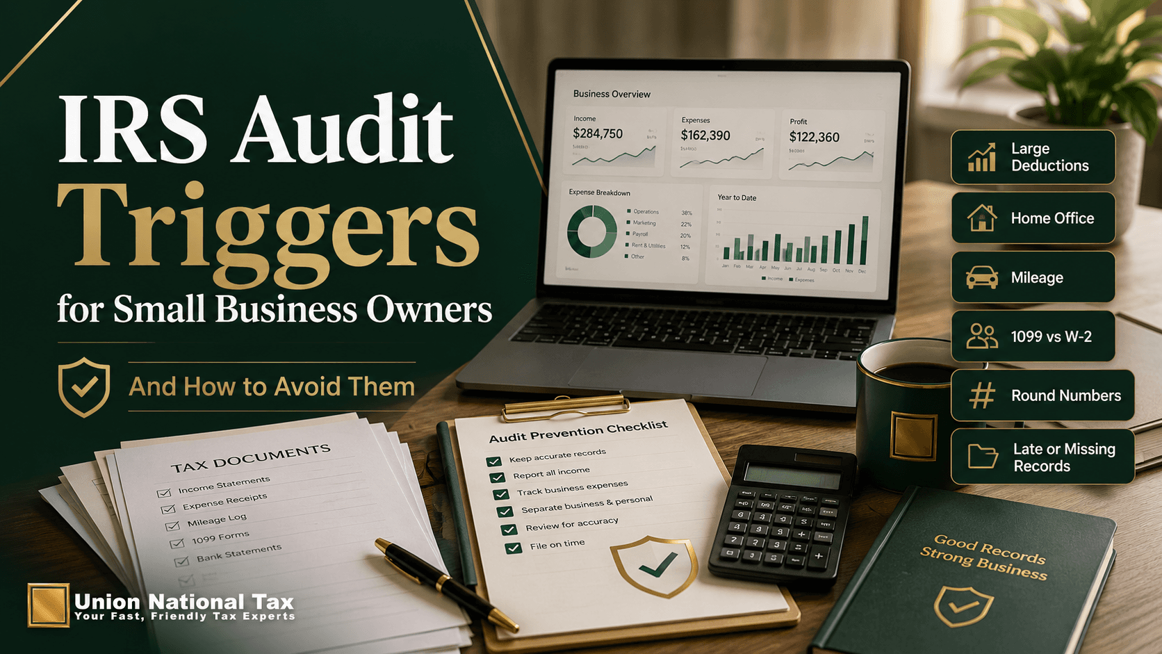 Union National Tax blog hero image for “IRS Audit Triggers for Small Business Owners,” showing organized tax documents, an audit prevention checklist, a business financial dashboard, calculator, and callout labels for common audit triggers like large deductions, home office, mileage, 1099 vs W-2, round numbers, and late or missing records.