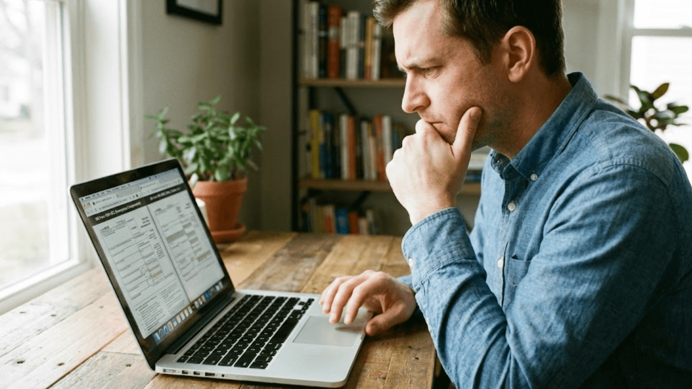 A freelancer sits at a home office desk, looking contemplative while comparing IRS Form 1099-NEC and 1099-MISC side-by-side on a laptop screen to determine the correct 2026 filing status.