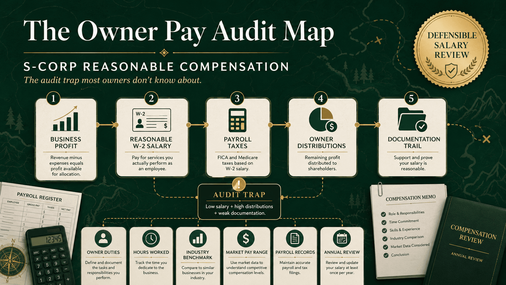S-Corp reasonable compensation audit map showing 5-step owner pay structure, audit trap warning, and six documentation factors including owner duties, industry benchmark, and market pay range
