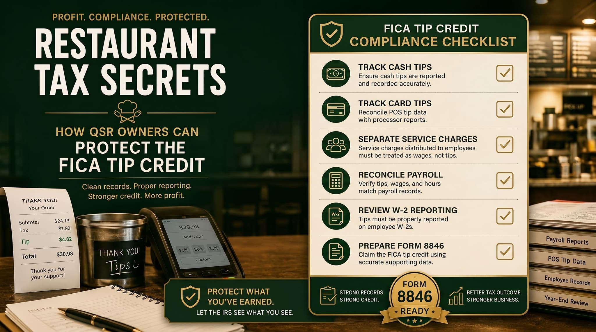 FICA Tip Credit compliance checklist for QSR owners showing six steps including track cash tips, reconcile payroll, and prepare Form 8846