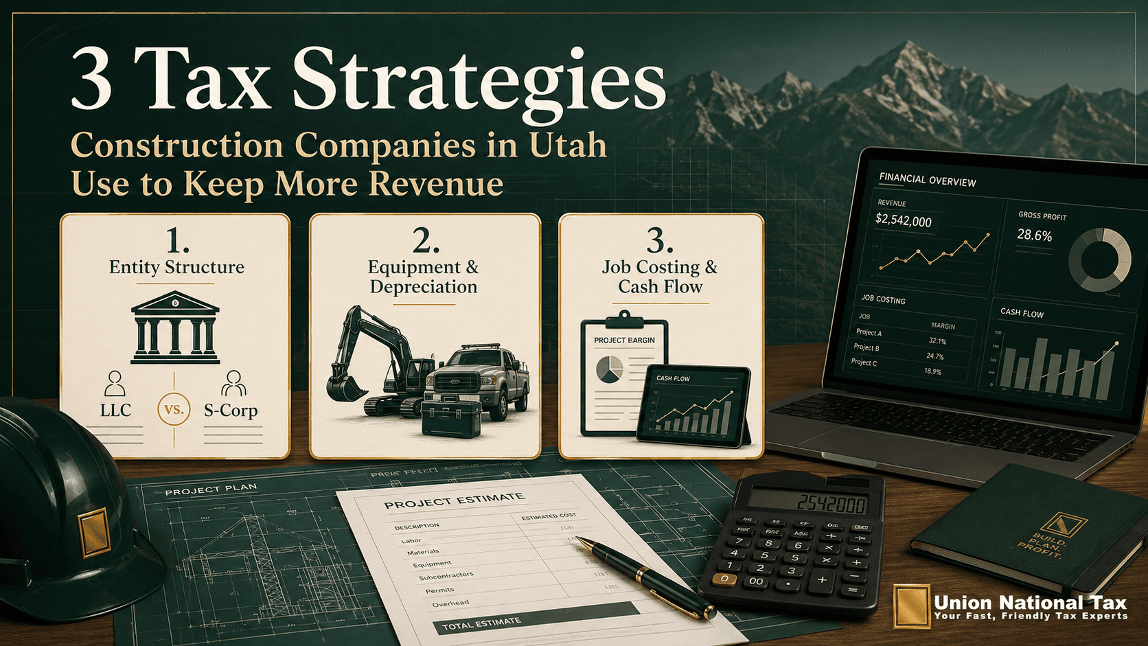 Union National Tax blog hero image for “3 Tax Strategies Construction Companies in Utah Use to Keep More Revenue,” showing a premium green-and-gold construction planning scene with Utah mountains, a contractor financial dashboard, blueprint desk, hardhat, calculator, project estimate sheet, and three strategy cards for entity structure, equipment and depreciation, and job costing and cash flow.
