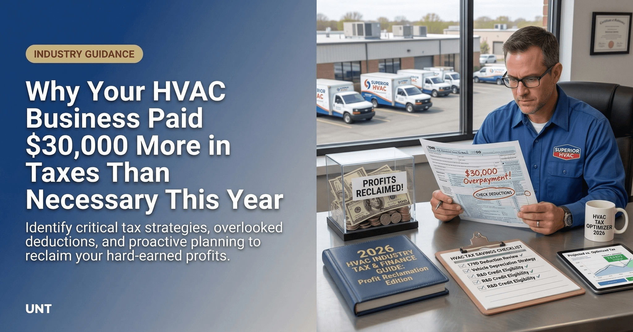 Industry guidance graphic for HVAC business owners titled "Why Your HVAC Business Paid $30,000 More in Taxes Than Necessary This Year" with a subheading about identifying critical tax strategies, overlooked deductions, and proactive planning. Features an HVAC technician reviewing tax documents at a desk, surrounded by a 2026 HVAC Industry Tax & Finance Guide, a profits reclaimed display showing $30,000, and a checklist of HVAC tax savings strategies. UNT branding in the lower left corner.